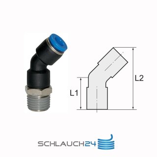 Steckverschraubung Winkel 45° drehbar mit Außengewinde konisch mit Gewindebeschichtung R 1/8 4 mm