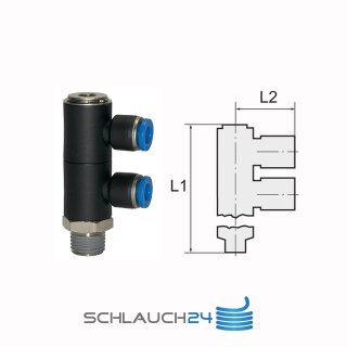 L-Mehrfachverteiler mit Innensechskant 2 Fach drehbar Außengewinde konisch mit Gewindebeschichtung R 3/8 4 mm