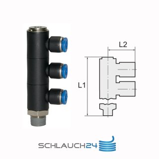 L-Mehrfachverteiler mit Innensechskant 3 Fach drehbar Außengewinde konisch mit Gewindebeschichtung R 1/8 4 mm