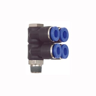 L-Mehrfachverteiler mit Außensechskant 4 Fach drehbar Außengewinde konisch mit Gewindebeschichtung R 3/8 12 mm