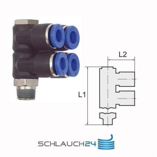 L-Mehrfachverteiler mit Außensechskant 4 Fach drehbar Außengewinde konisch mit Gewindebeschichtung R 3/8 12 mm