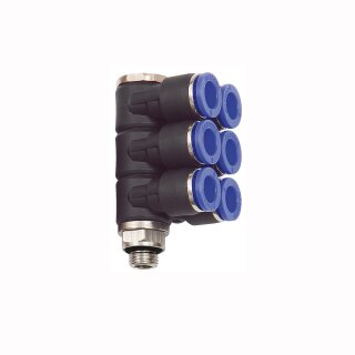 L-Mehrfachverteiler mit Außensechskant 6 Fach drehbar Außengewinde zylindrisch mit O-Ring (NBR) G 1/8 8 mm